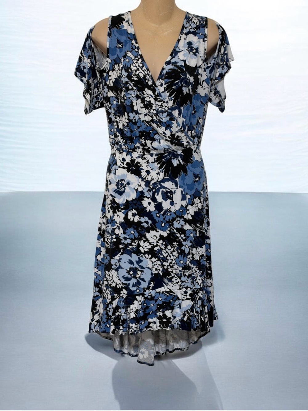 VENUS Blue, Black and White Floral Cold-Shoulder Midi Dress